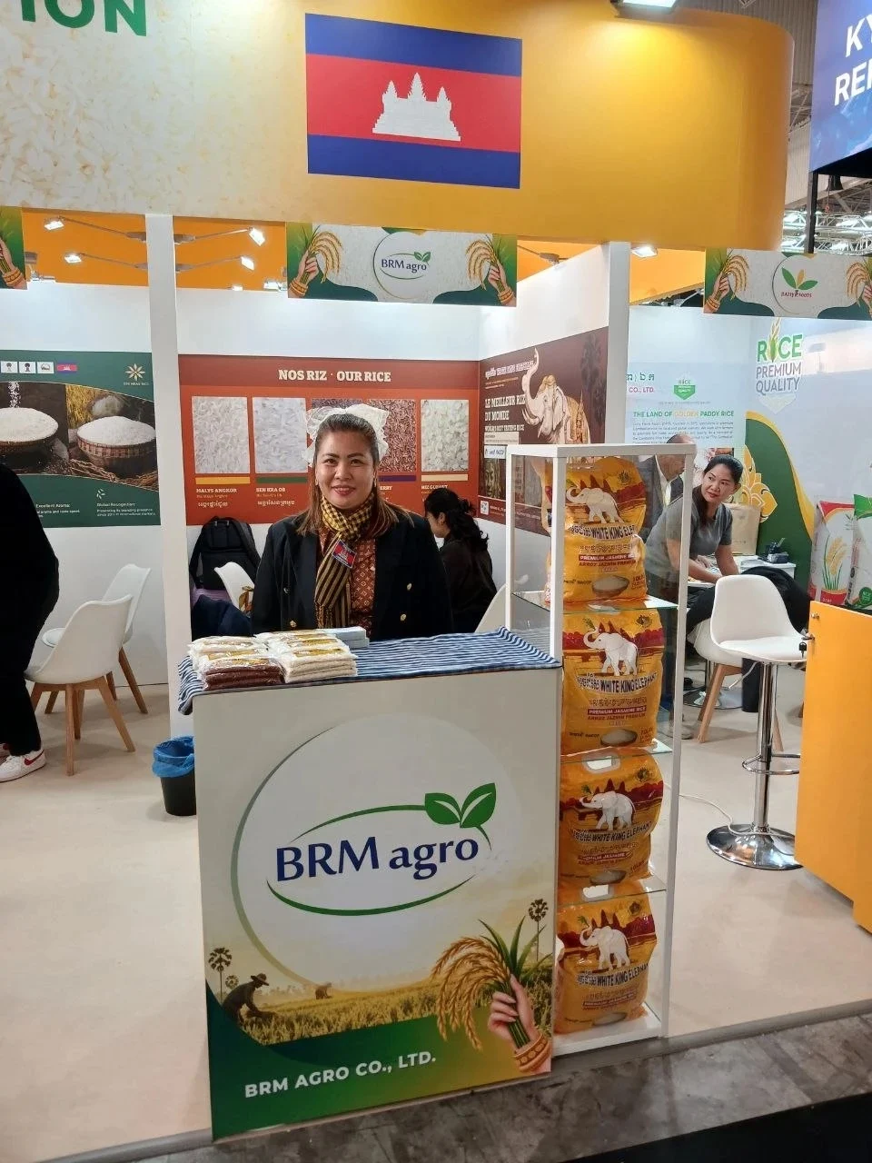 BRM Agro stand C016 at SIAL Paris 2026 with White King Elephant rice bags and the Our Rice panel