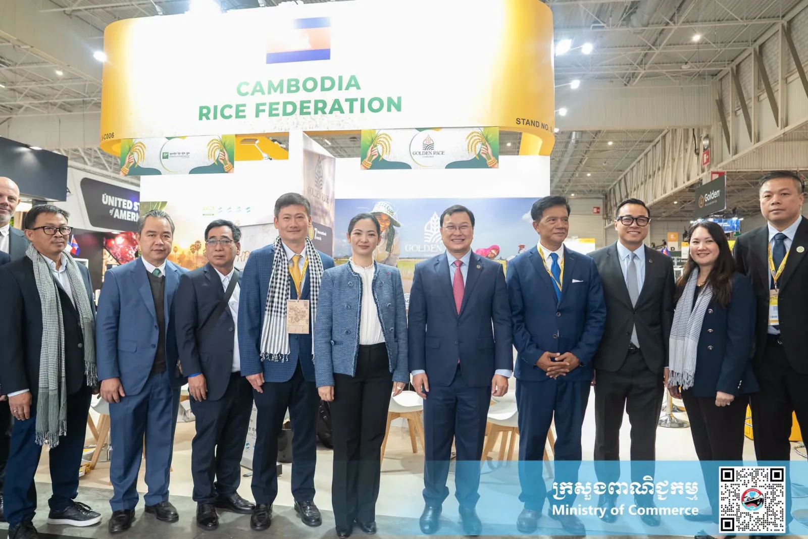 Cambodian ministers and delegation in front of the Cambodia Rice Federation pavilion at SIAL Paris 2026